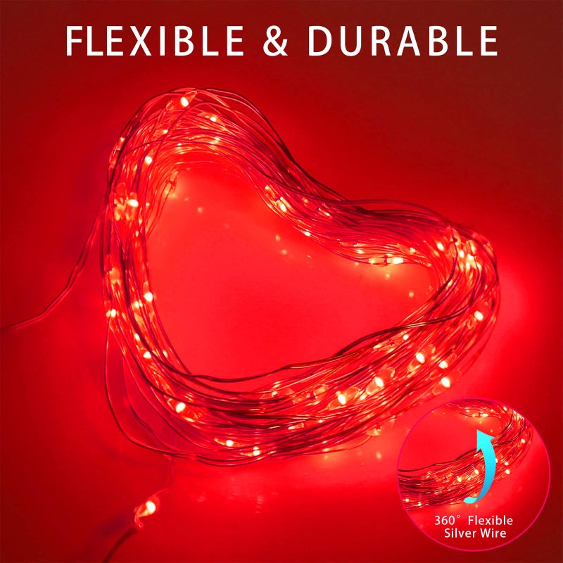 YAOZHOU Red Solar Christmas String Lights Outdoor Waterproof, 2Pack Total 200Led 8 Modes Copper Fairy Lights, Solar Powered Outside Decorations for Valentines Day, Garden, Patio, Fence, Balcony - Image 5